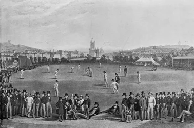La partita di cricket tra Sussex e Kent a Brighton, da una stampa originariamente pubblicata nel 1849, da Famous Cricketers and Cricket Grounds, pubblicato da Hudson e Kearns, 1895